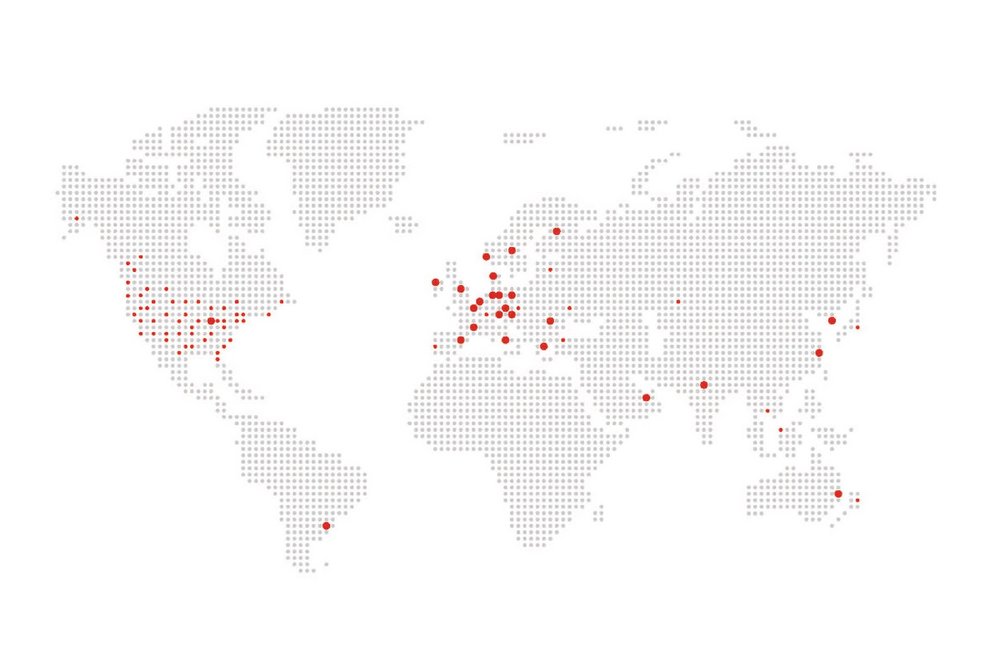 Een kaart van Vogelsang-locaties over de hele wereld