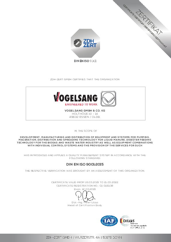 Certificate ISO 9001:2015 of Vogelsang